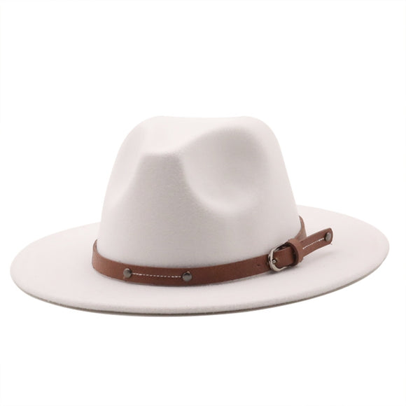 White - Wide Brim Fedora Hat with Strap