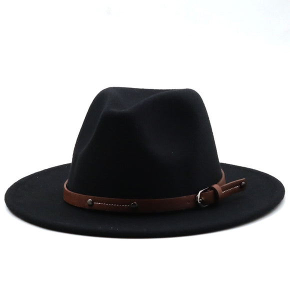 Black - Wide Brim Fedora Hat with Strap