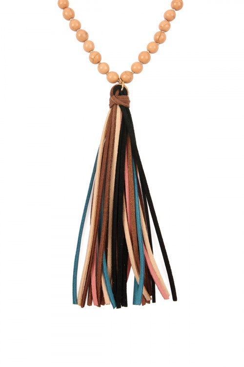 Brown Colorful Tassel Necklace - Natural Stone And Glass Beads
