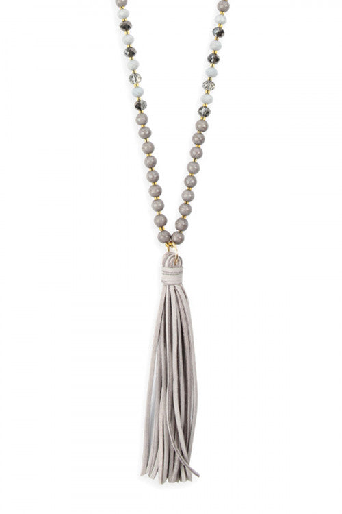 Gray Beaded Necklace with Leather Tassel