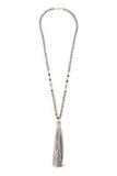 Gray Beaded Necklace with Leather Tassel