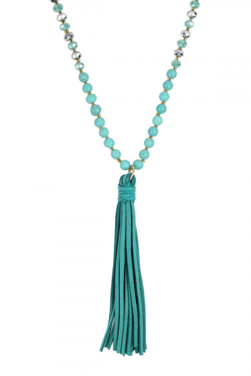 Turquoise Beaded Necklace with Leather Tassel