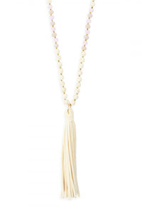 Cream Beaded Necklace with Leather Tassel