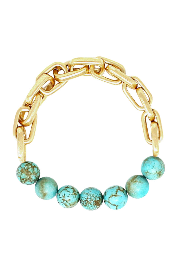 Semi Precious Stone Chain Stretch Bracelet Matte Gold Turquoise