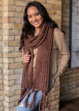 Handmade Brown Long Woven Scarf with Fringe