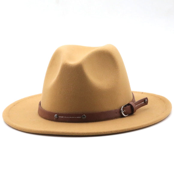 Camel - Wide Brim Fedora Hat with Strap