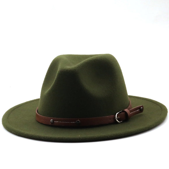 Army Green - Wide Brim Fedora Hat with Strap