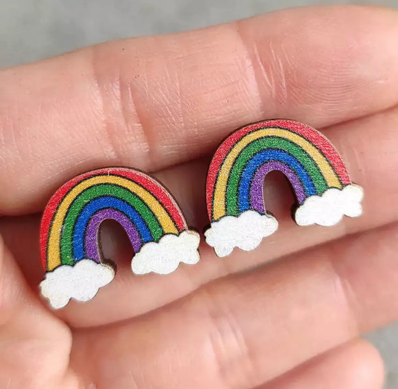 Wooden Stud Earrings - Rainbow